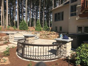 Outdoor Seating Area with Raised Gas Fire Pit w Full Landscape and Pond-less Water Feature