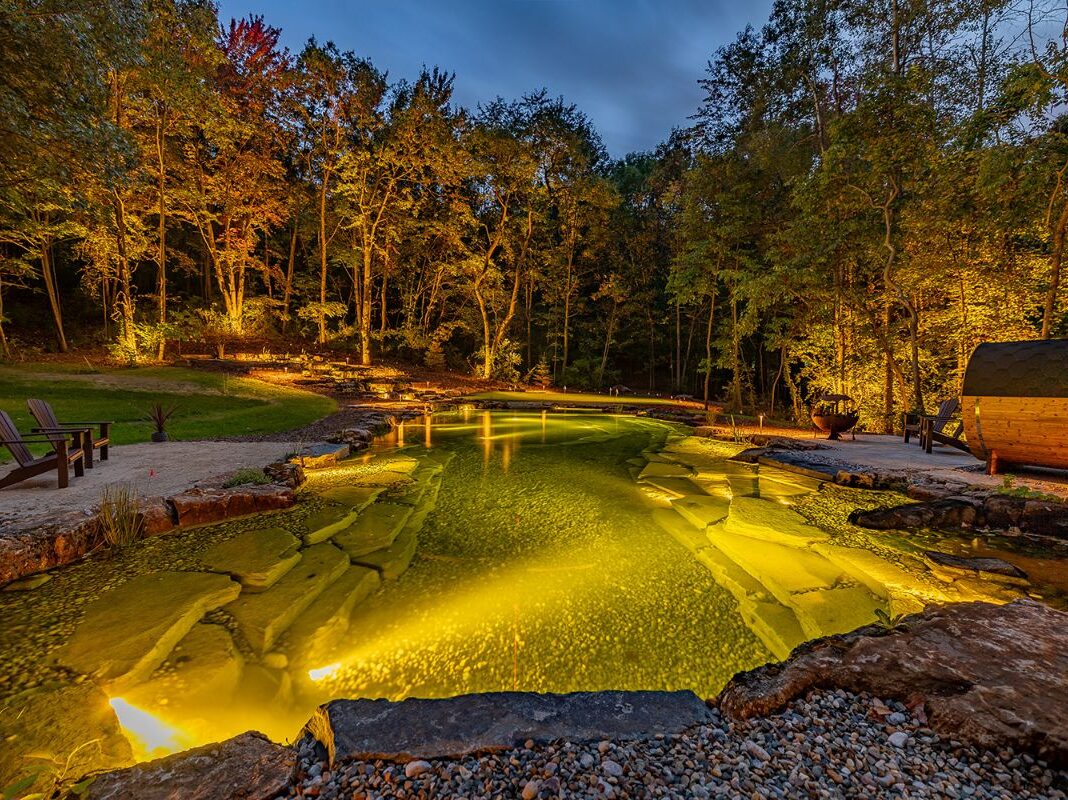 Swim pond with outdoor ligthting. The area is surrounded by lots of trees.