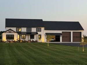 beautiful lawn with front yard plantings, illuminated with outdoor lighting
