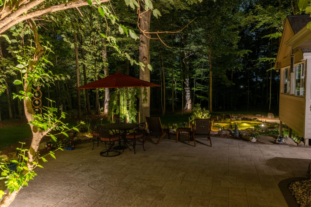 paver patio, outdoor lights, ecosystem koi pond