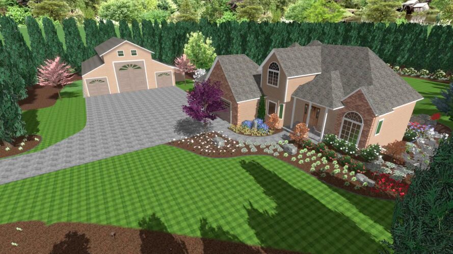 3d view of landscaped home and garage.