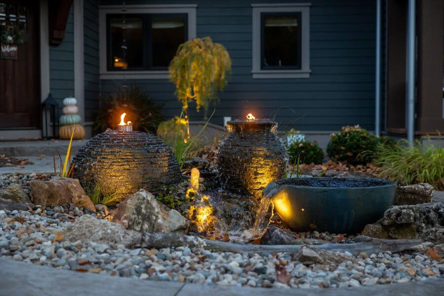 Stacked slate urn fire fountains