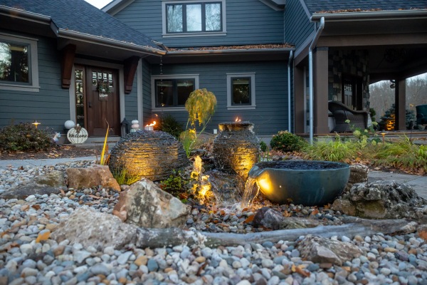 Front entry fire and water fountainscapes