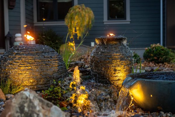 Stacked slate urn fountains with fire and water bowl